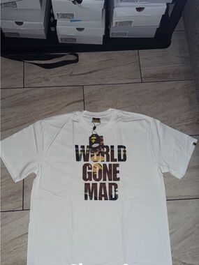 Bape White "World Gone Mad" Camo Letter Tee